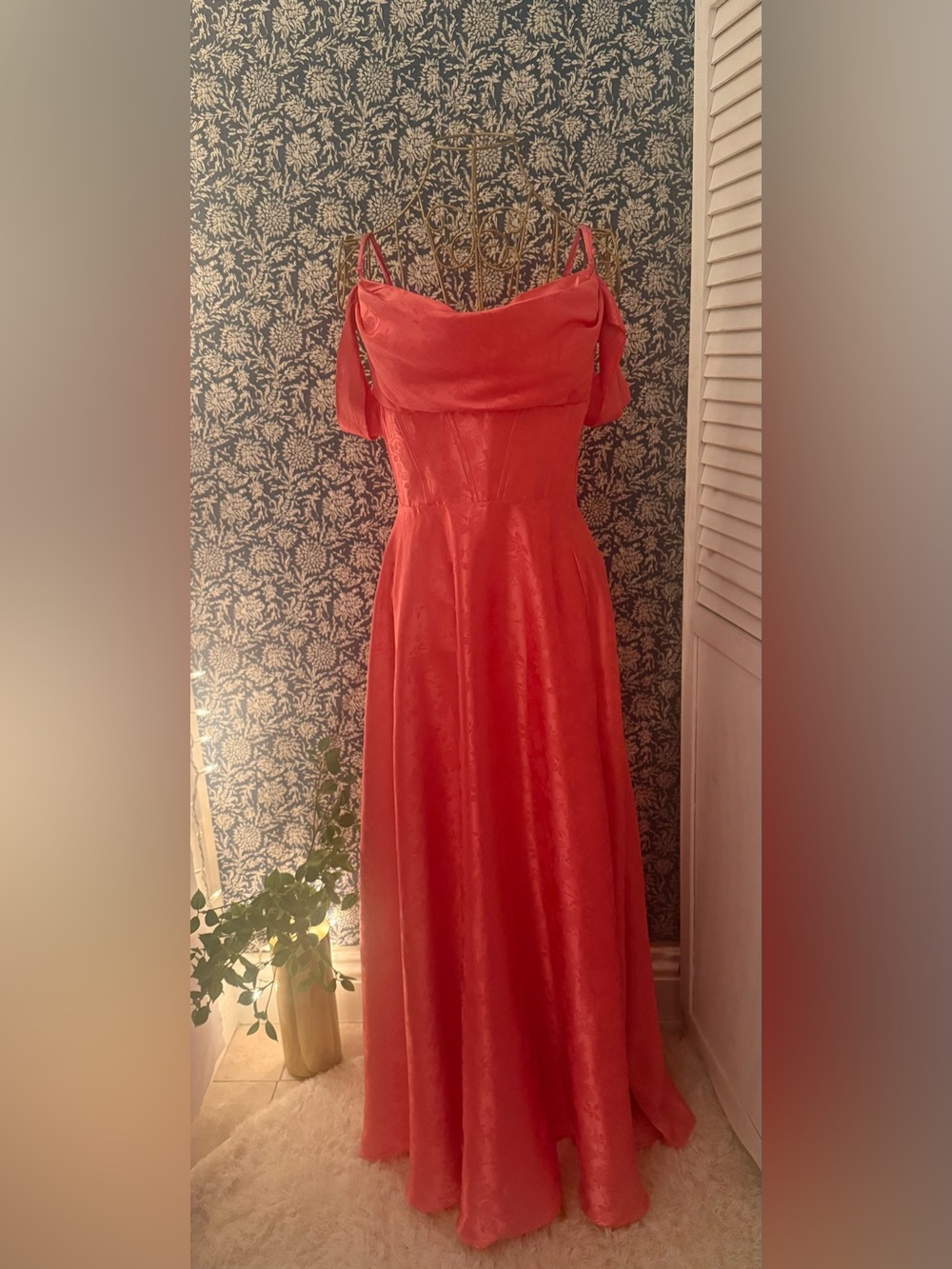 B. Darlin Off-the-Shoulder Coral-Pink Formal Gown – Size 15/16